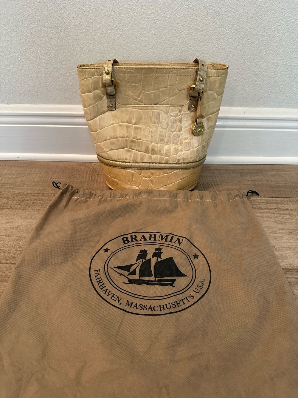 Brahmin Cream Croc-Embossed Leather Tote with Gold Charm